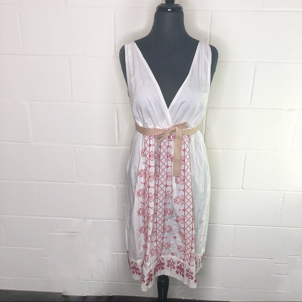 Odd Molly White Dress With Red Embroidery Belted Waist